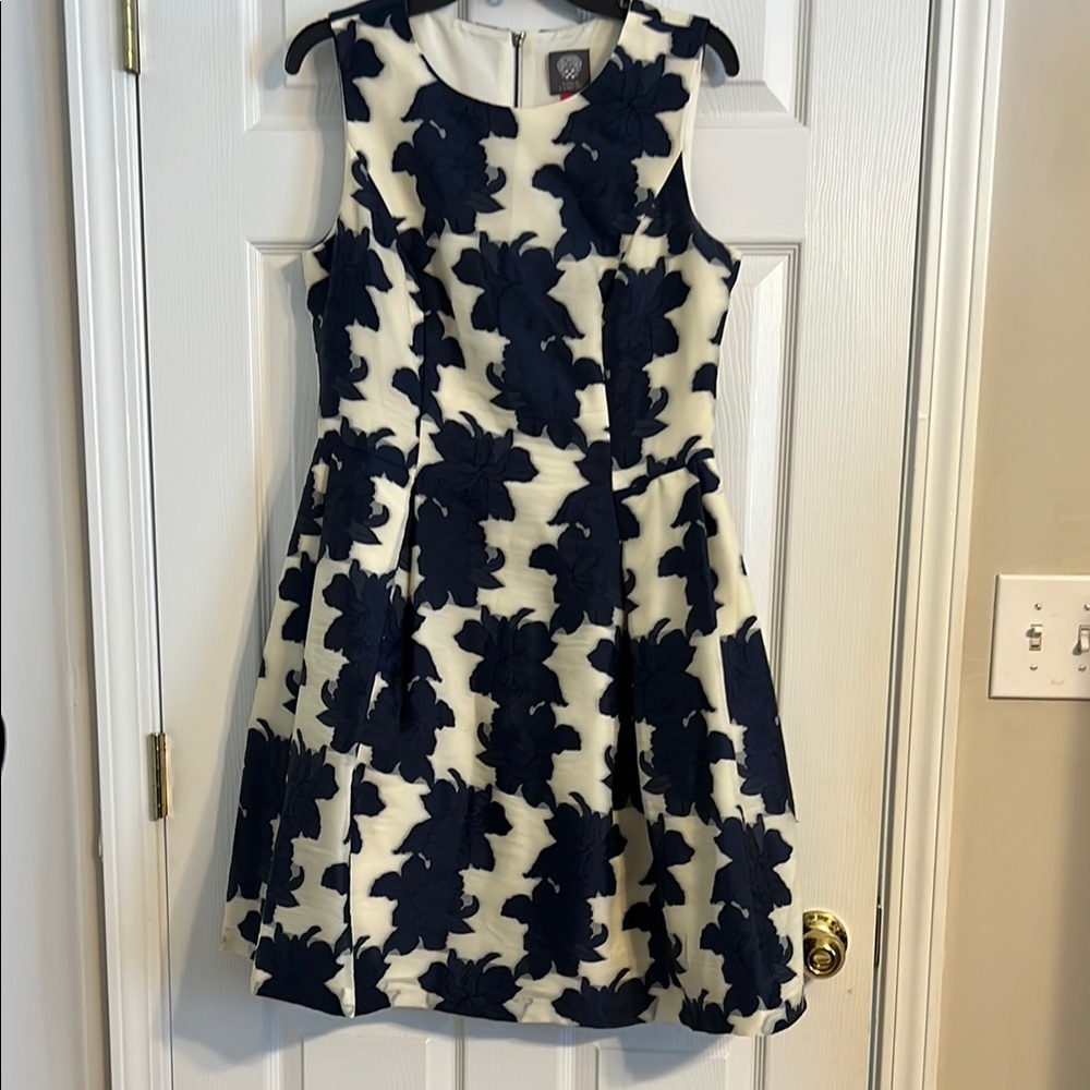 Vince Camuto Blue and Cream Pleated Dress